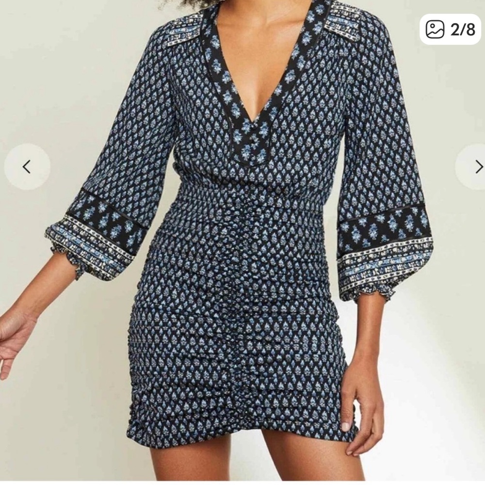 NWT Veronica Beard Zaria Blue Floral Ruched Butt Dress Long Sleeve L 10 70’s